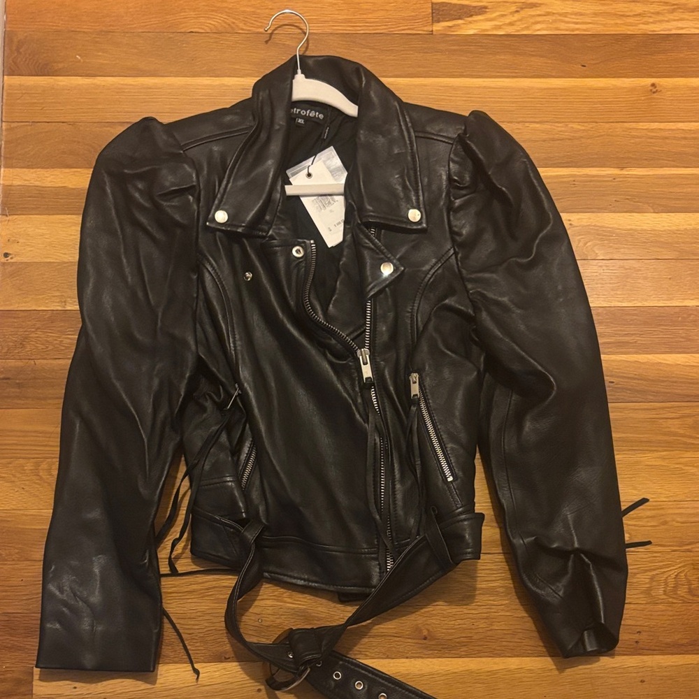 NWT Retrofete Black Leather Puff-Sleeve Moto Jacket